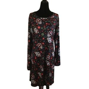 Women’s Skull Head And Flower Casual Midi Dress With Pockets